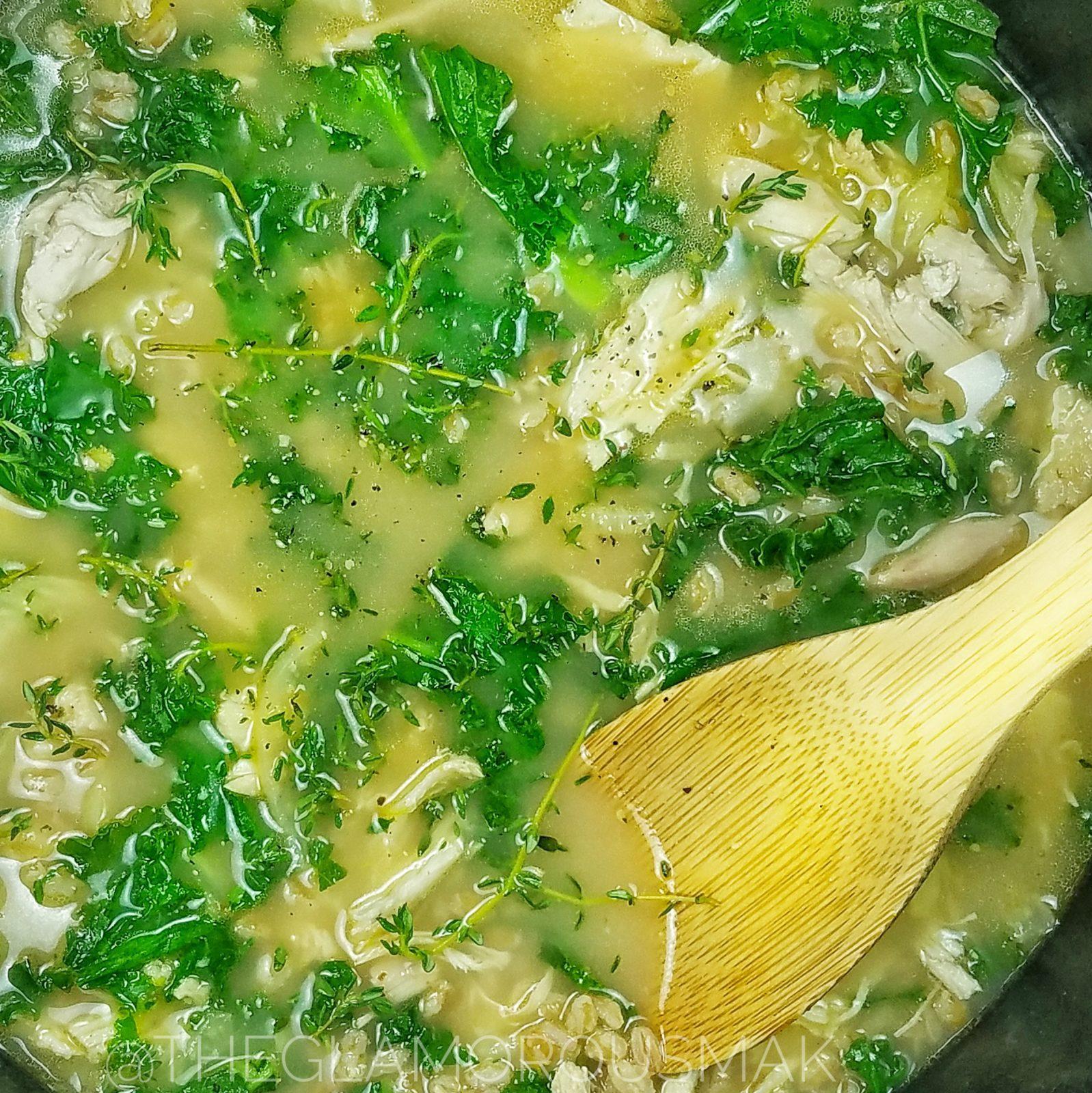 Chicken Soup with Farro and Kale 30 minute recipe Mandy Olive