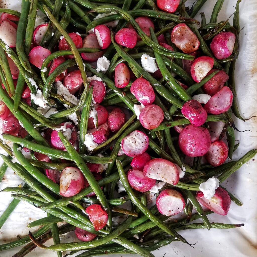 mandyolive.com blistered green bean and radish salad with goat cheese. serve as a side dish with my boneless leg of lamb recipe