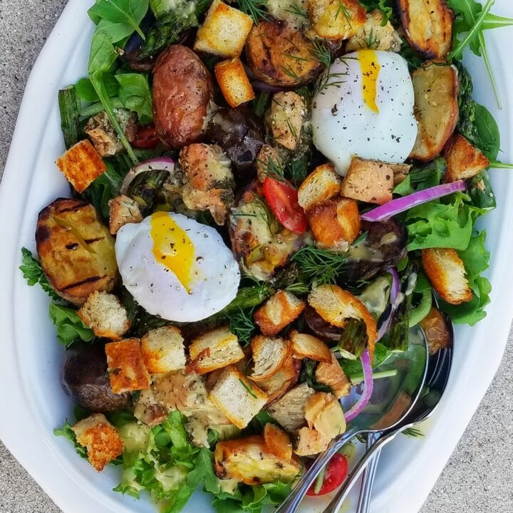 Grilled Summery Trout Caesar Salad with asparagus and potatoes