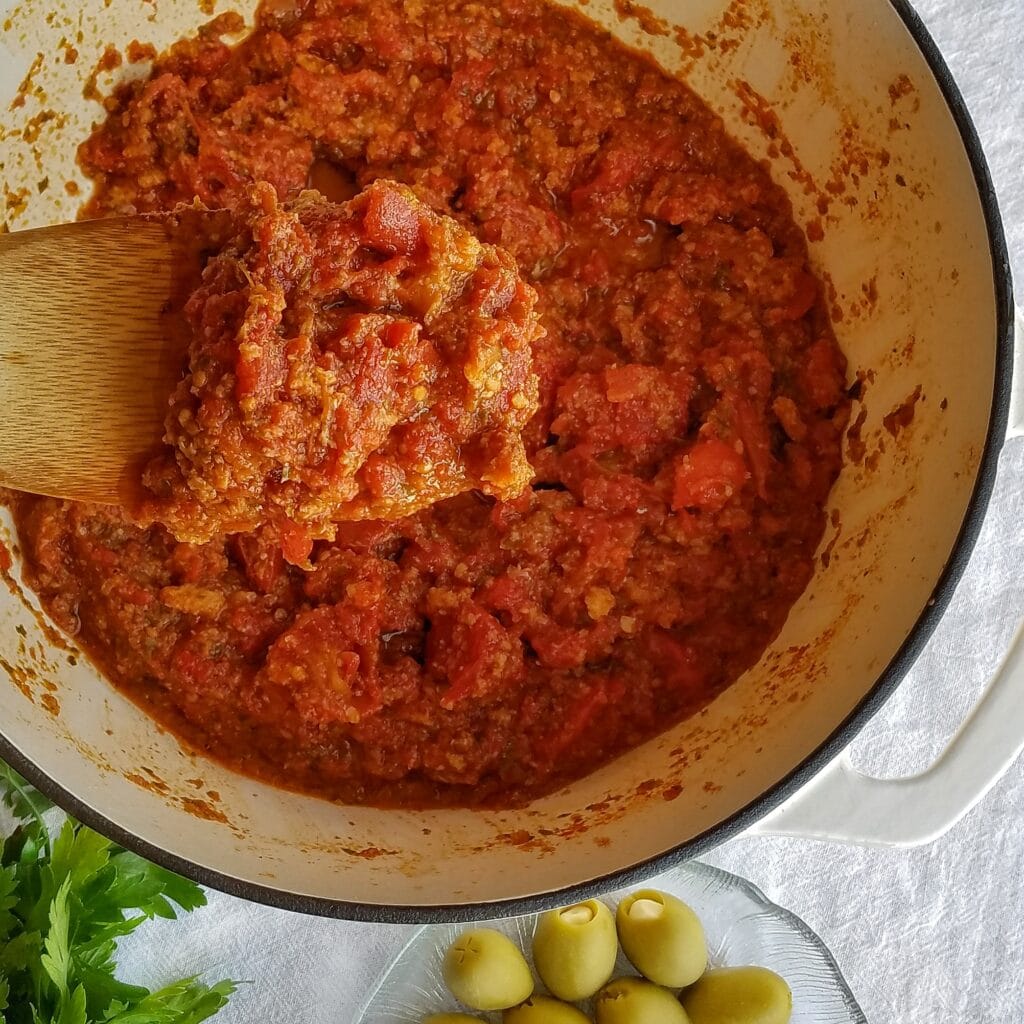 cheaters puttanesca sauce for crispy cauliflower gnocchi puttanesca recipe found on mandyolive.com