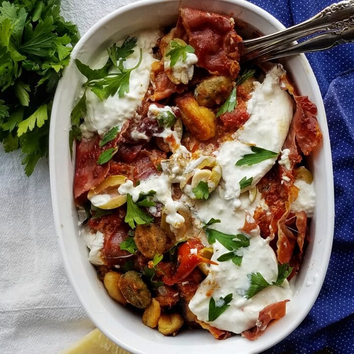 how to make crispy cauliflower puttanesca with prosciutto and burrata cheese recipe found on mandyolive.com