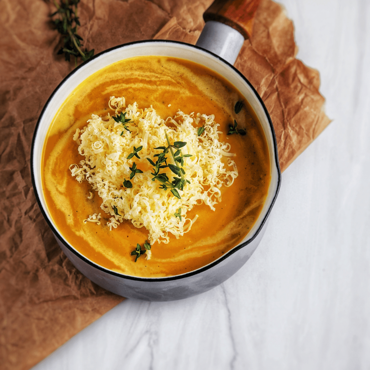 pumpkin and butternut squash soup topped with smoked gouda cheese in a lavender Dansk pot. recipe found on mandyolive.com