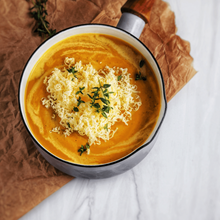 smoky pumpkin and butternut squash soup with cinnamon sugar croutons