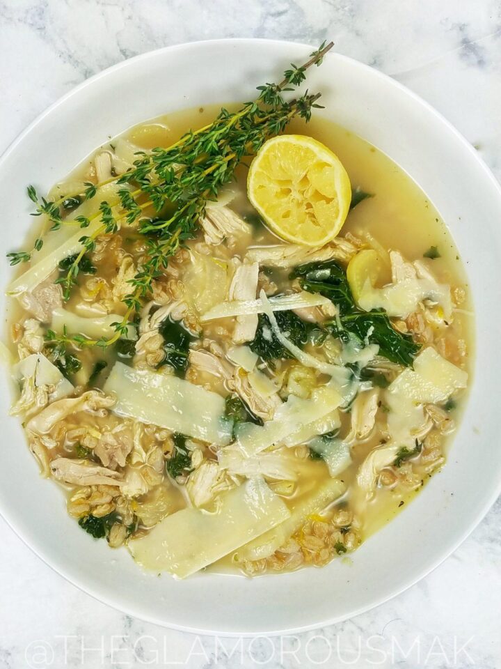 This is the best chicken soup recipe with farro and kale is a quick and easy low carb weeknight meal made in 30 minutes or less with only 10 ingredients. This fall/winter soup is made with chicken, broth, lemon, fennel and kale that's healthy, simple and better than chicken noodle or chicken and rice. Eat as a main dish, dinner or lunch. Makes great leftovers. Perfect for weightloss and even the kids will love it!