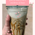 nitro cold brew starbucks salted caramel in a starbucks cold cup with caramel drizzle pinterest image