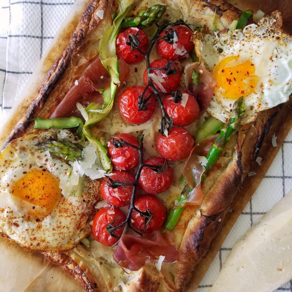 30 minute simple tomato tart. | galette cherry tomatoes shaved asparagus fried eggs puff pastry