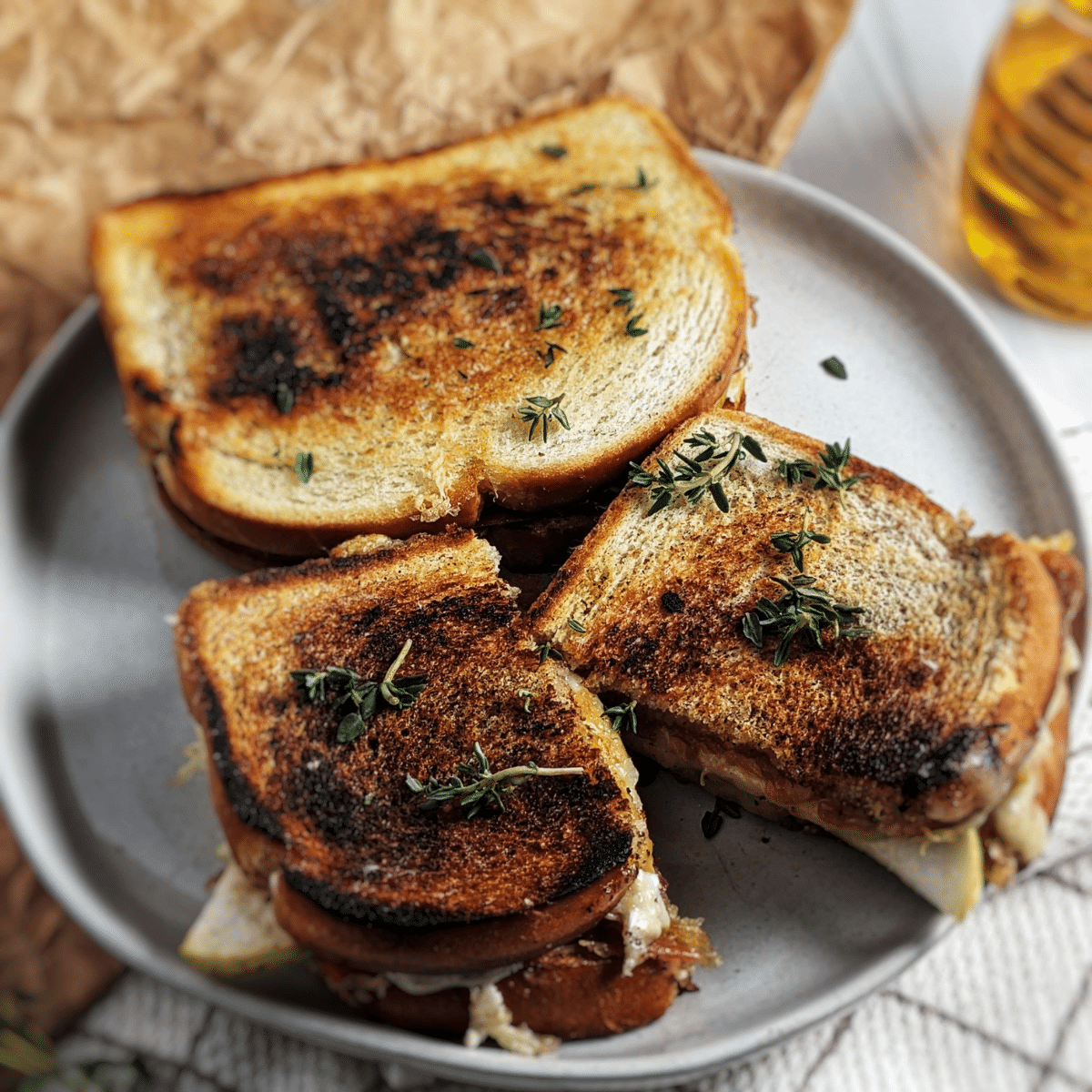 apple onion jam grilled cheese cut in half sprinkled with fresh thyme. recipe found on mandyolive.com