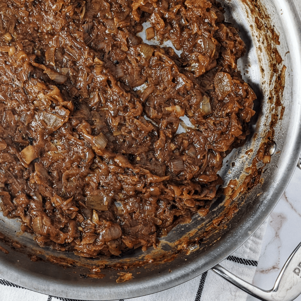 caramelized onions in stainless steel pan