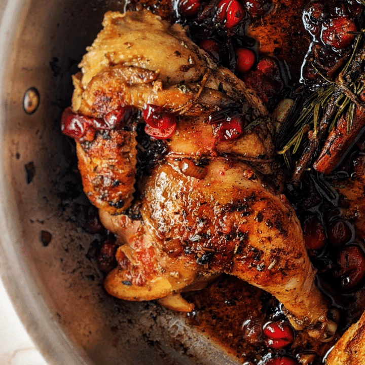 blood orange cornish hen with cranberry pan sauce close up photo