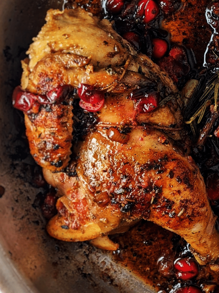 blood orange cornish hen with cranberry pan sauce close up photo