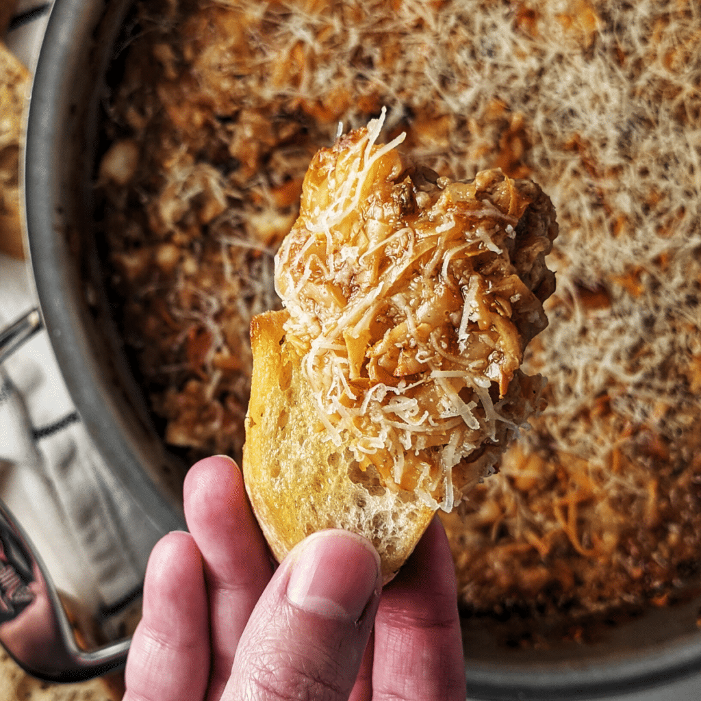 french onion soup dip on crostini