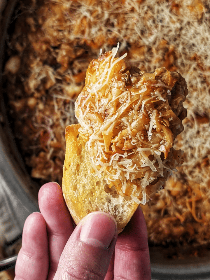 french onion soup dip on crostini