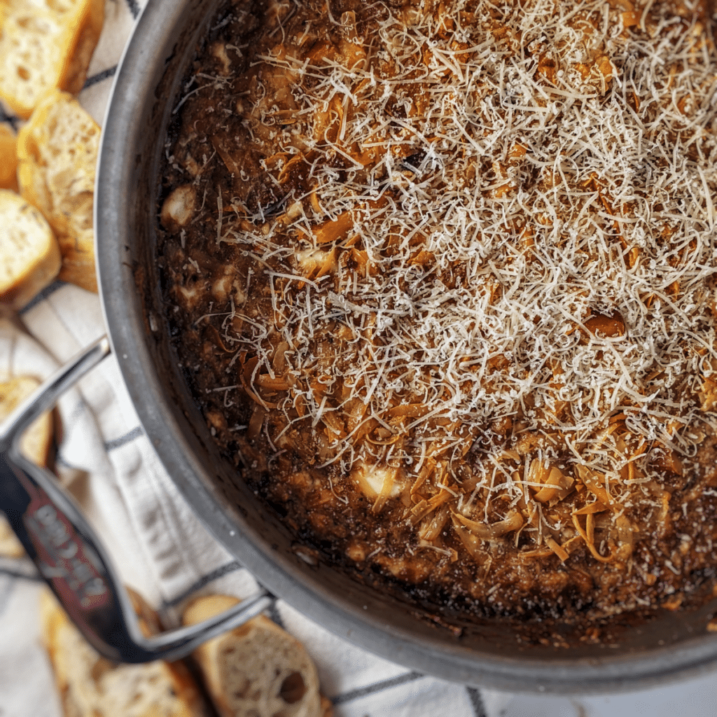 french onion soup dip in stainless steel pan with crostinis 