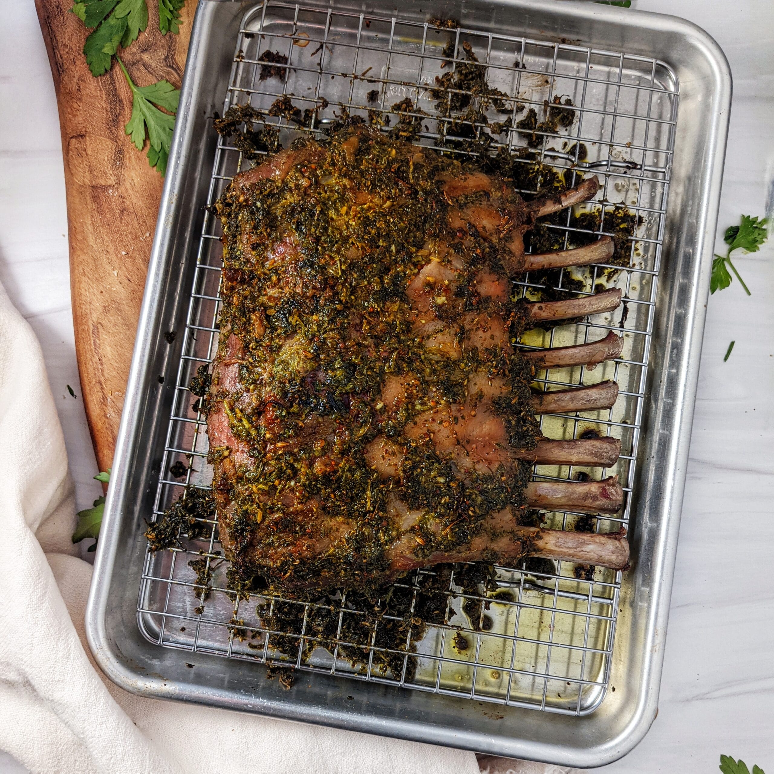 herb crusted rack of lamb finished roasting