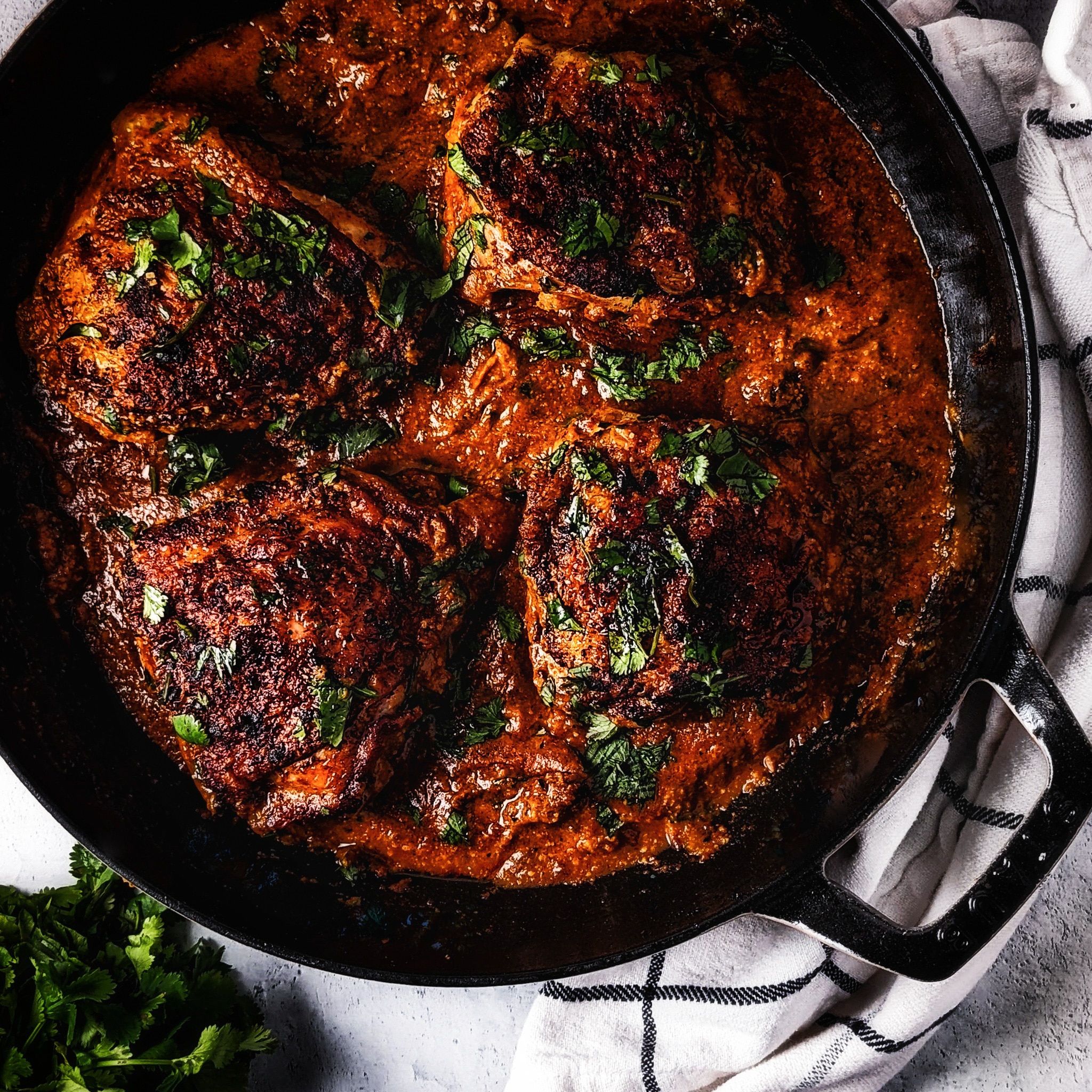 lime chicken thighs with pepita mole in staub enamel cast iron braiser 