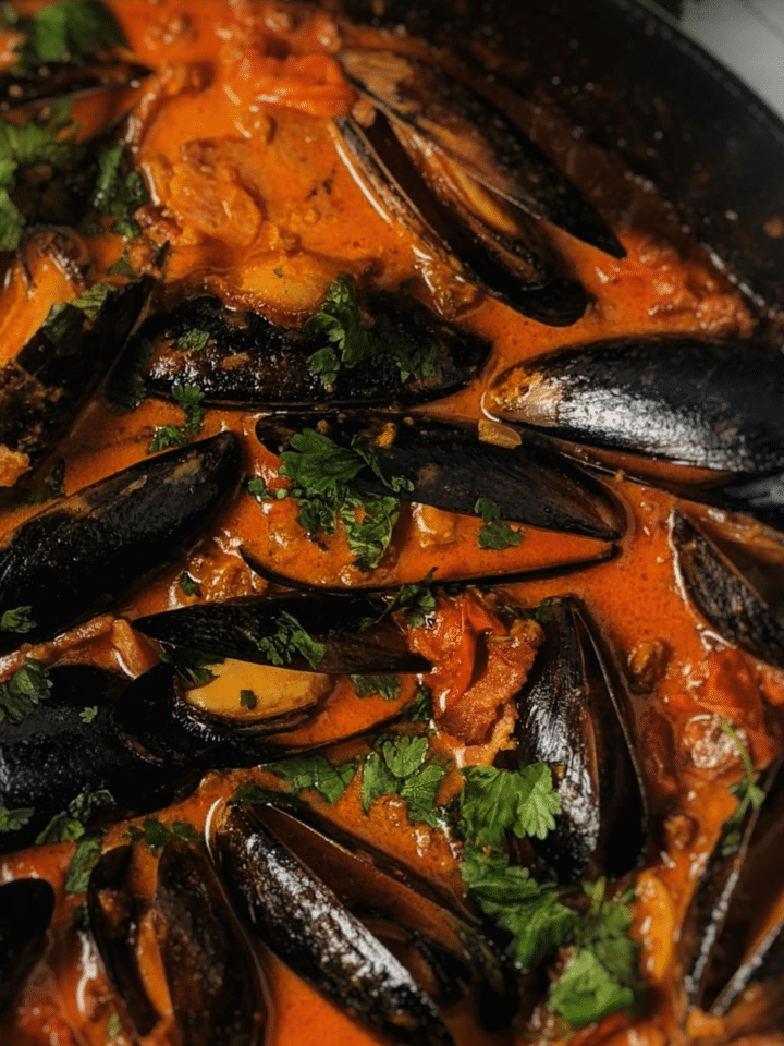 steamed mussels with chorizo in tomato cream