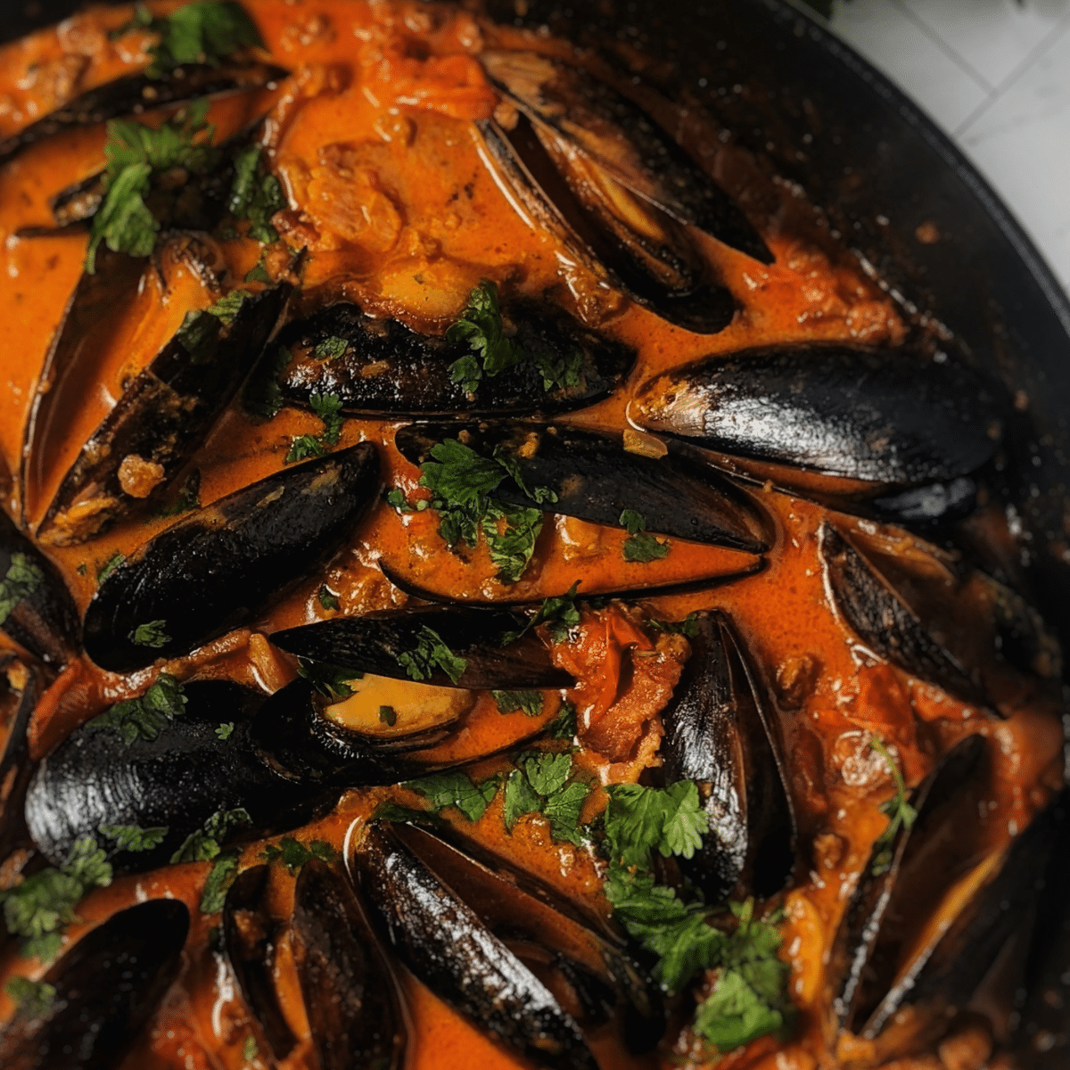 steamed mussels with chorizo in tomato cream