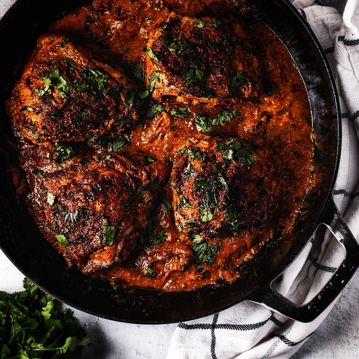 pepita mole chicken thighs in an enamel cast iron pan with cilantro