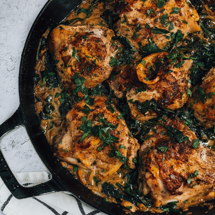 Chicken thighs with braised swiss chard
