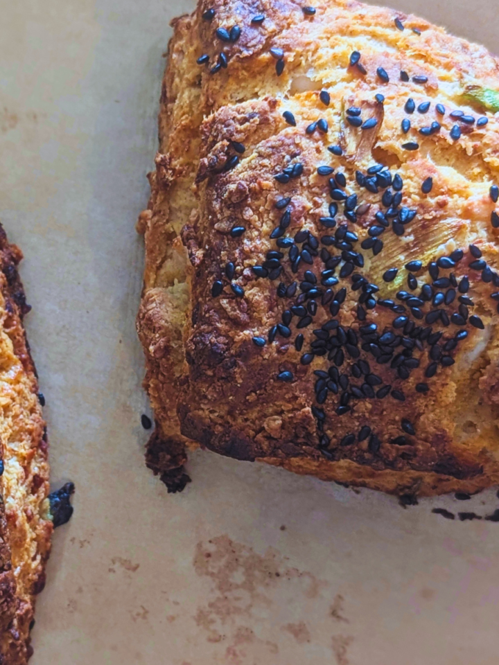 gochujang honey butter scone topped with sesame seeds